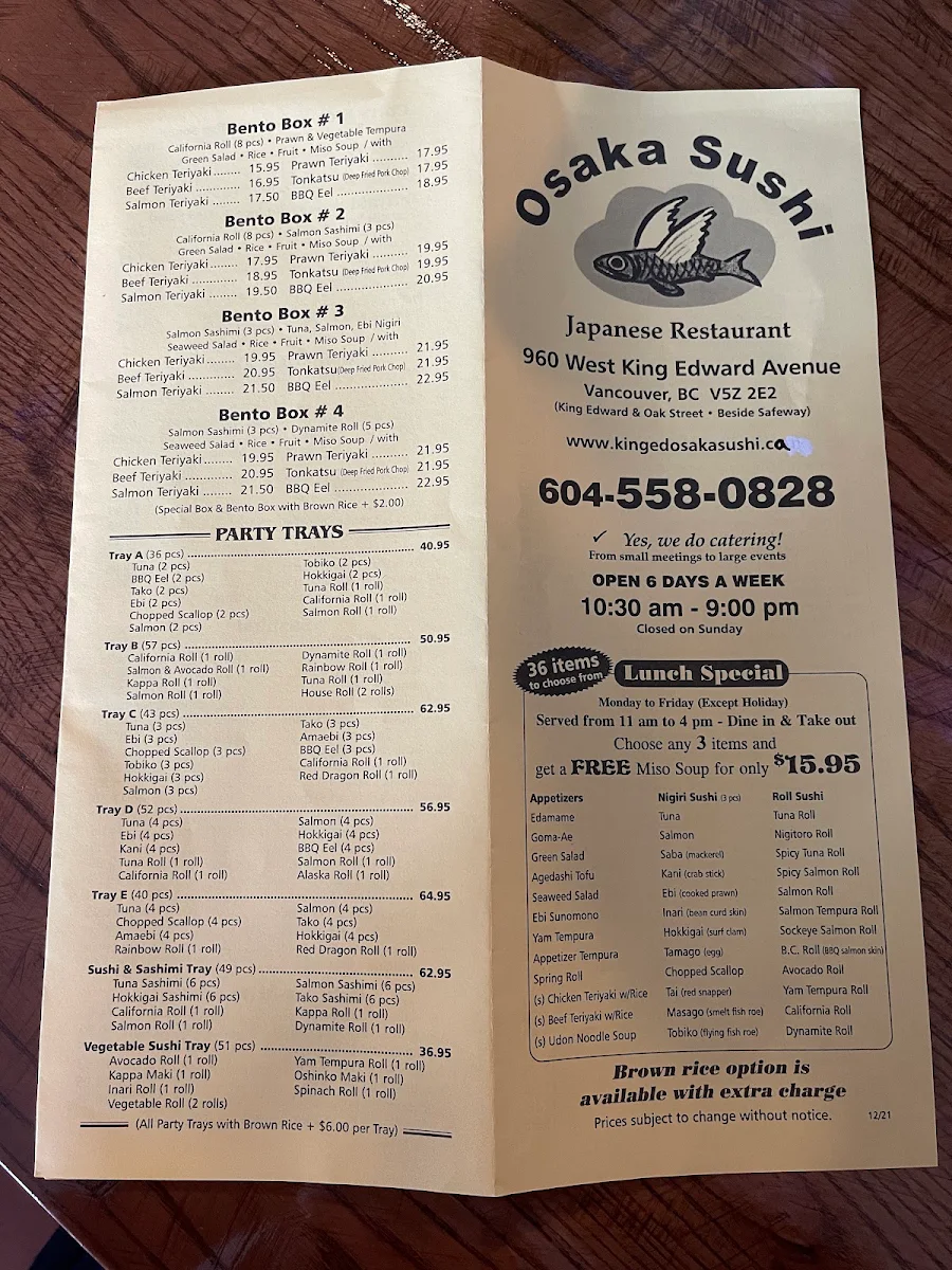 Menu, Osaka Sushi