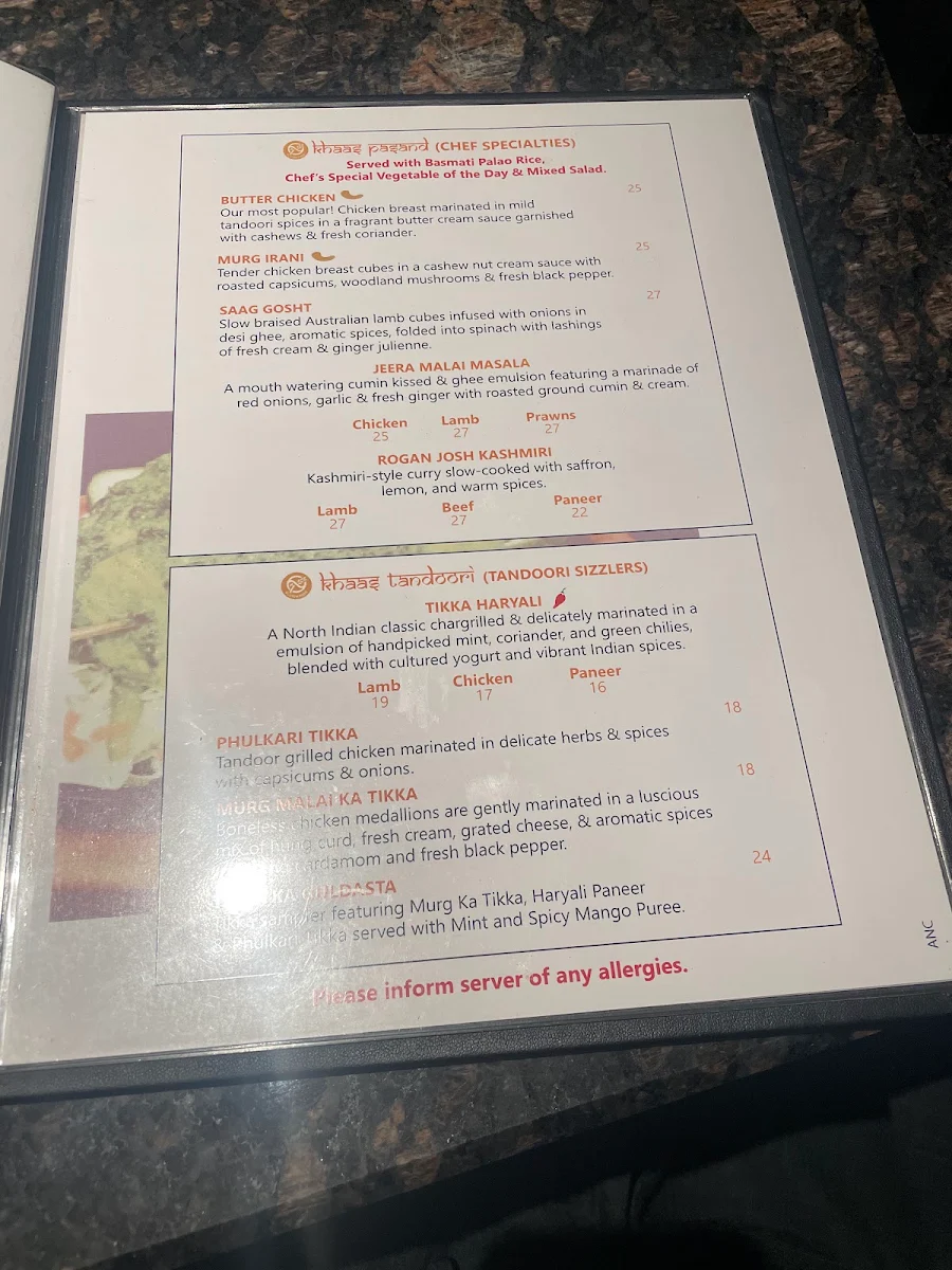 Menu, India Village Ancaster