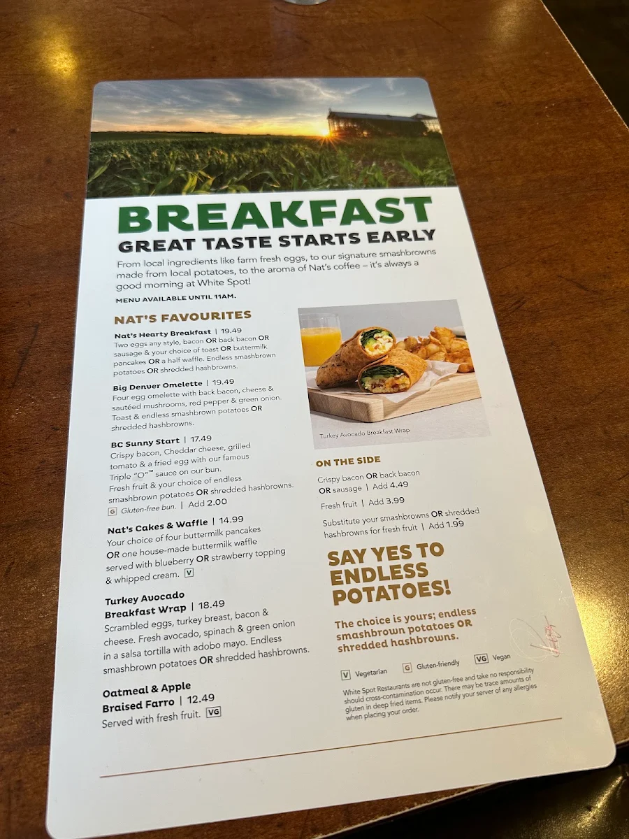 Menu, White Spot Terrace