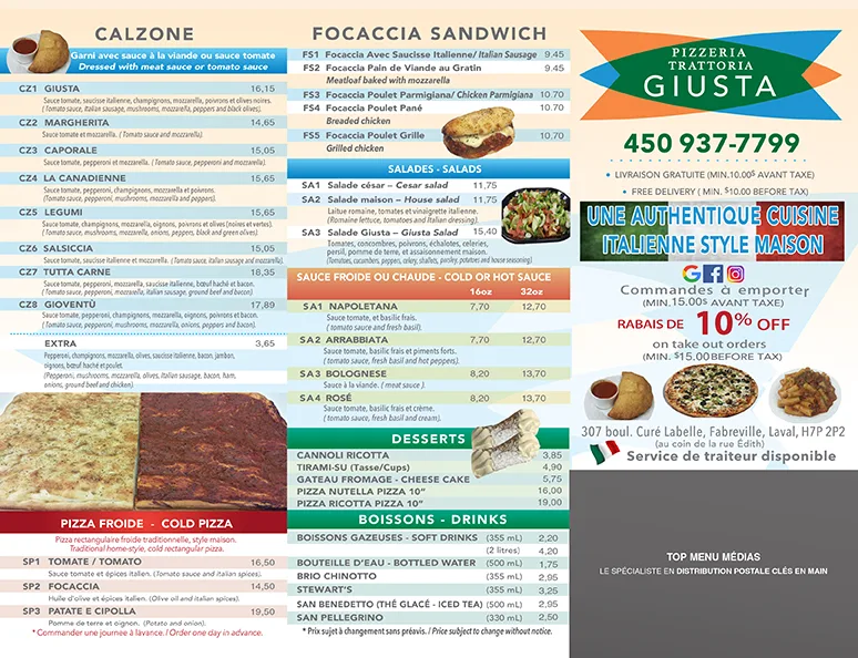 Menu, La Trattoria Giusta