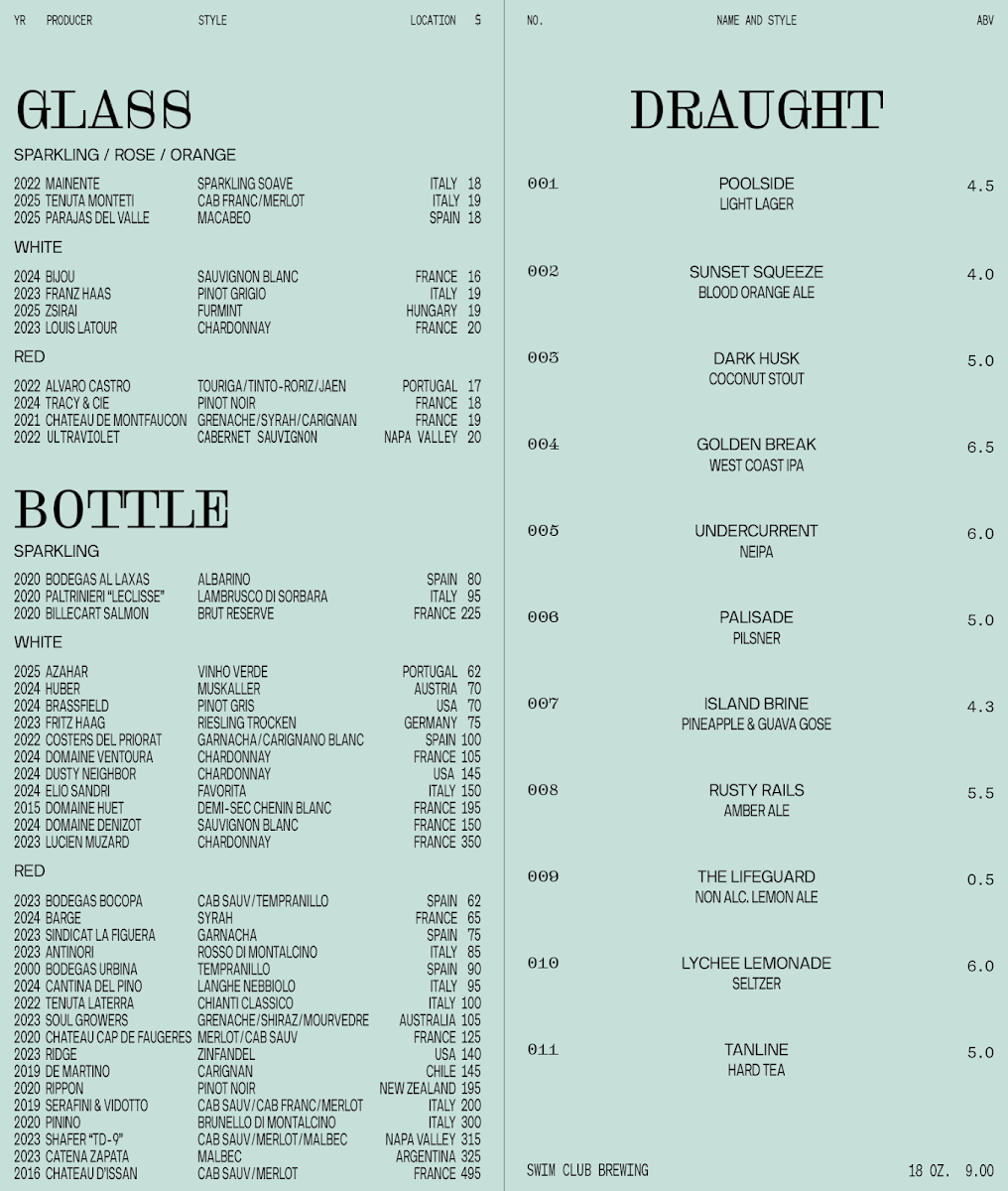 Menu, Stable Palms Club