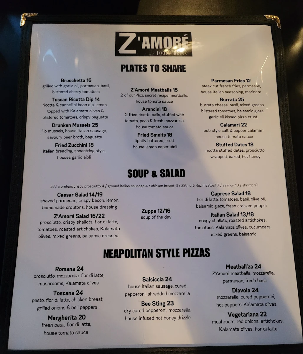 Menu, Z'Amoré Food + Drink