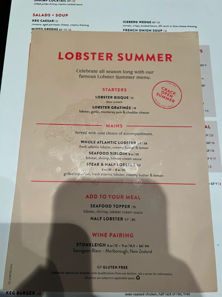 Menu, The Keg Steakhouse + Bar - Dartmouth Crossing