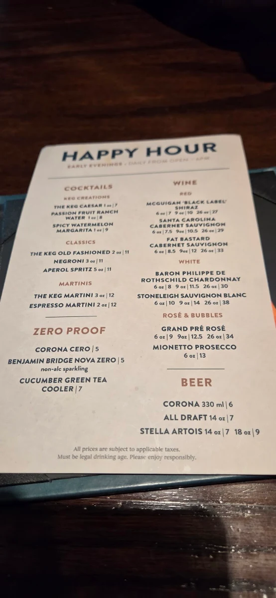 Menu, The Keg Steakhouse + Bar - Dartmouth Crossing