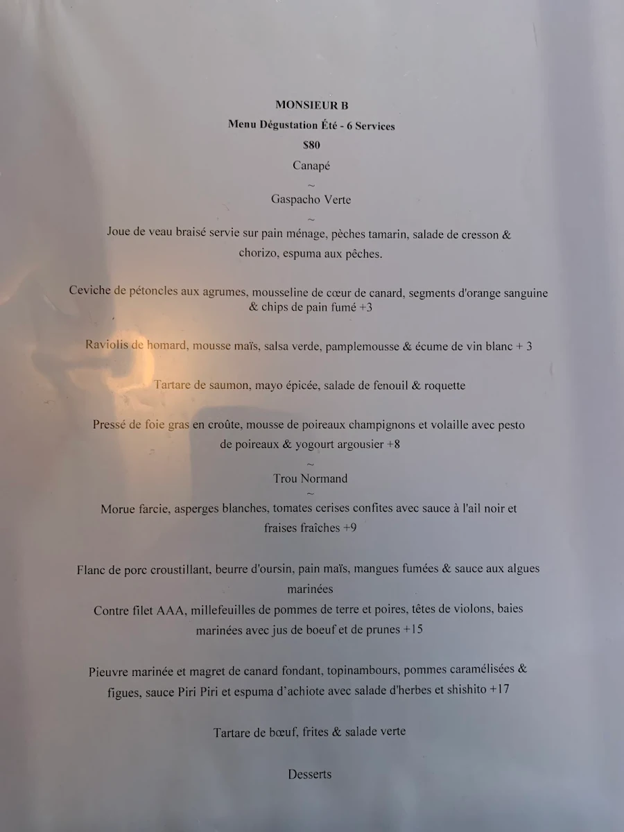 Menu, Monsieur B