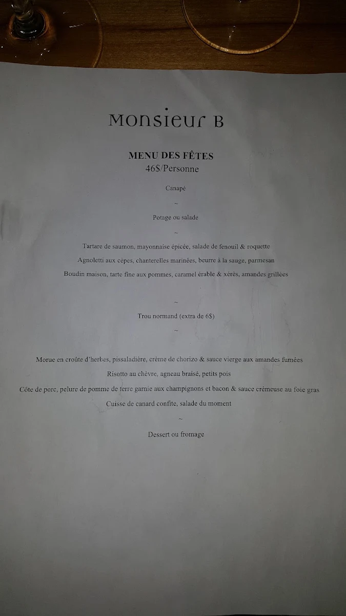 Menu, Monsieur B