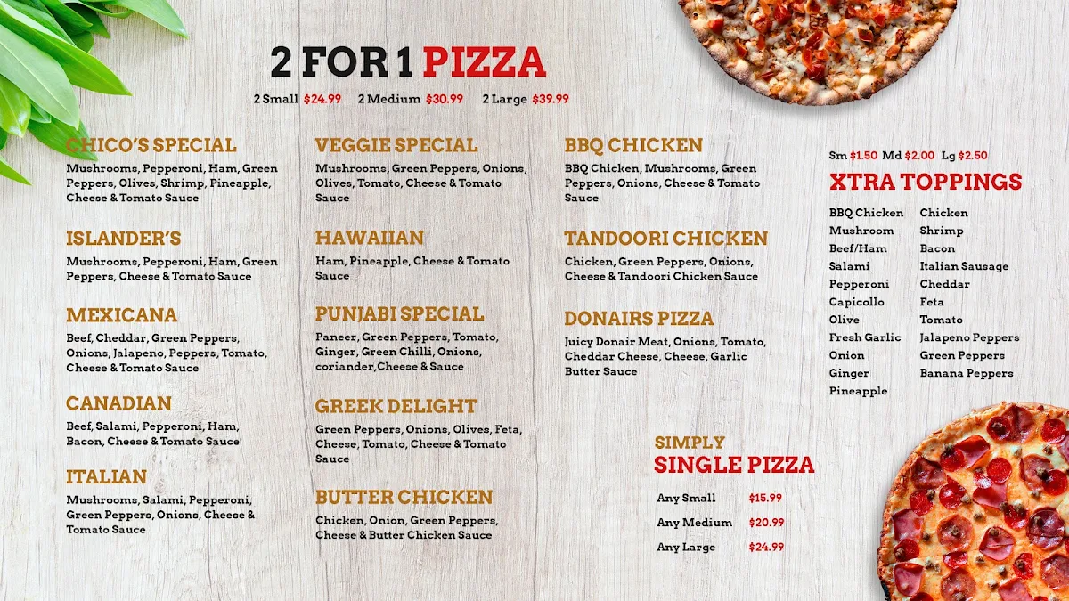 Menu, Chico's Fried Chicken N Pizza