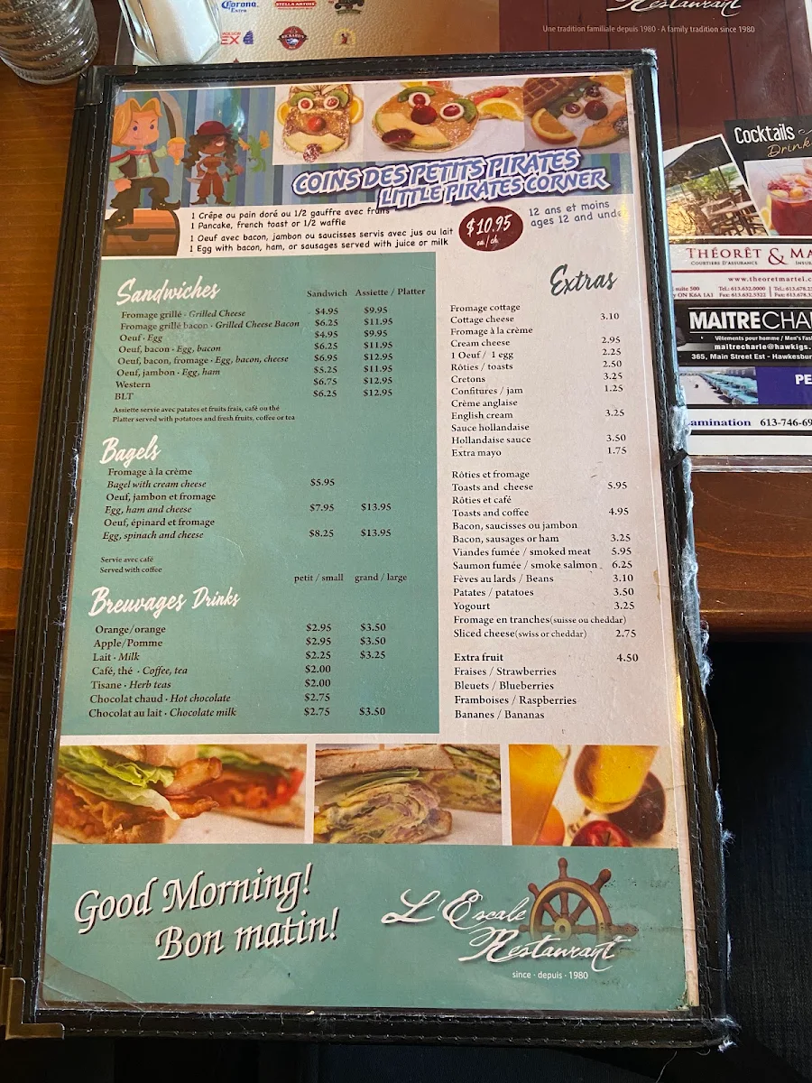 Menu, L'Escale Restaurant