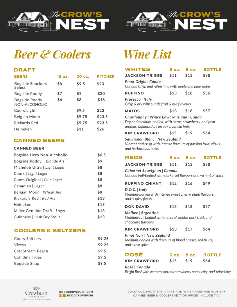 Menu, The Crow's Nest Lounge