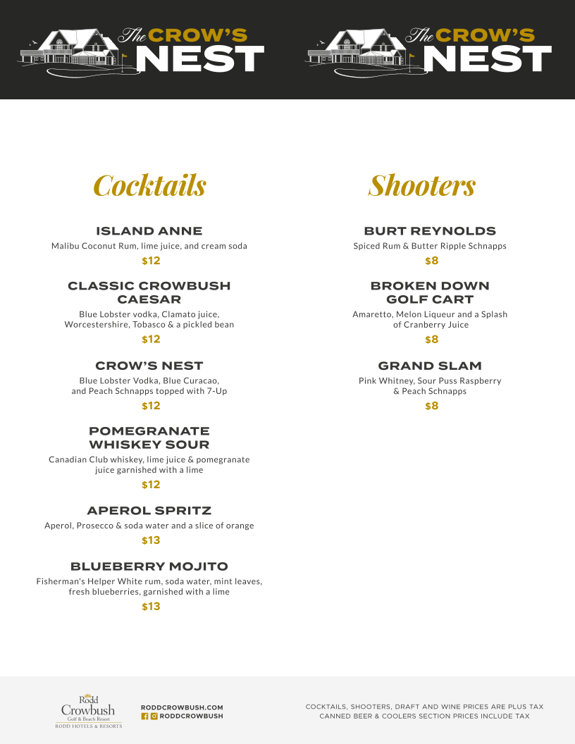 Menu, The Crow's Nest Lounge