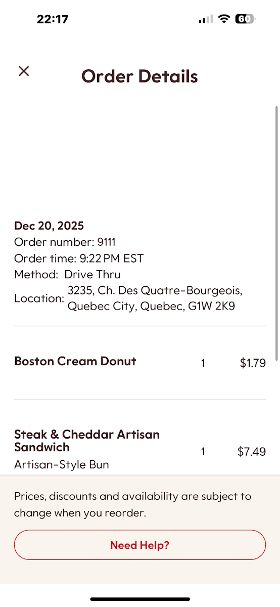 Menu, Tim Hortons