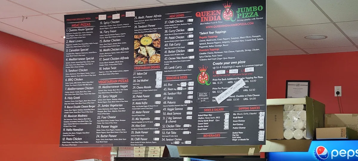 Menu, Queen India Jumbo Pizza.