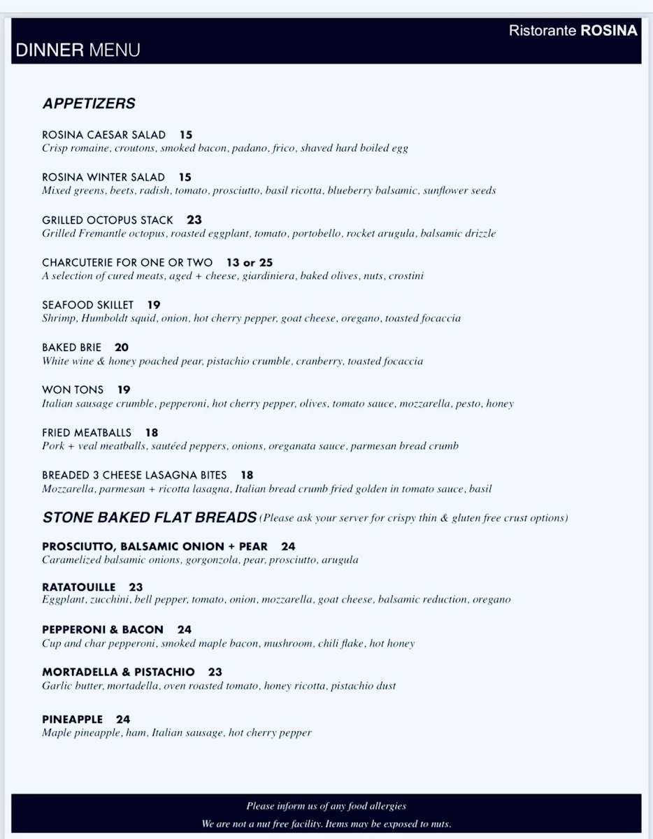 Menu, Ristorante Rosina