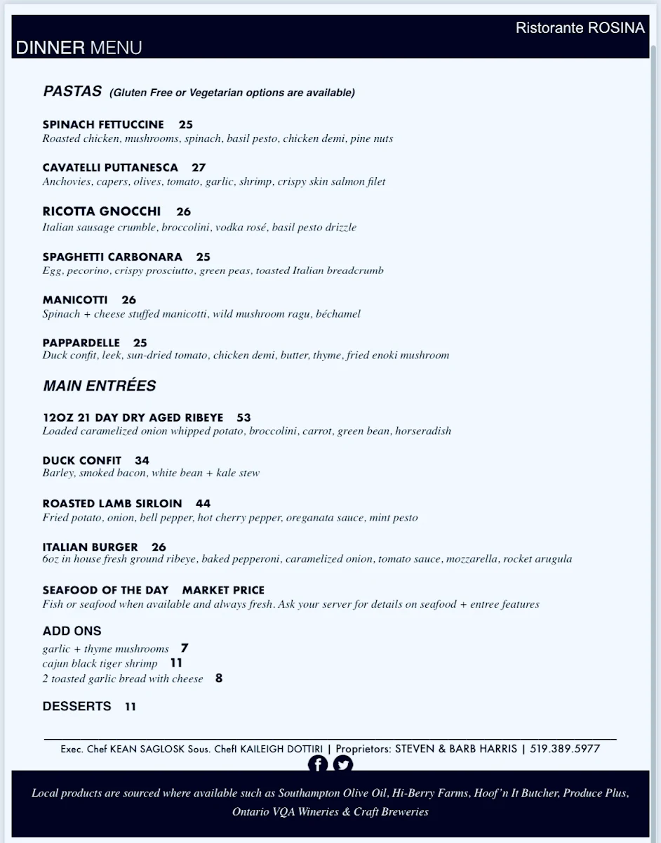 Menu, Ristorante Rosina