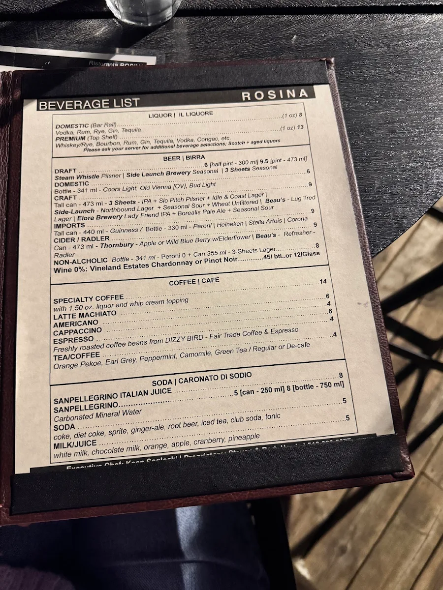 Menu, Ristorante Rosina