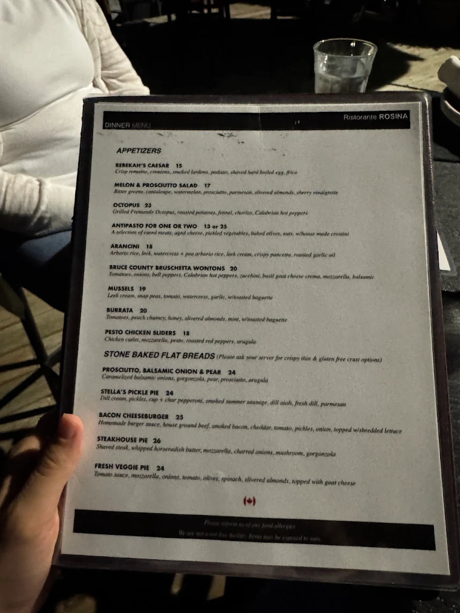 Menu, Ristorante Rosina