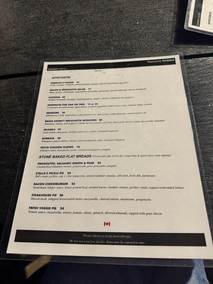 Menu, Ristorante Rosina