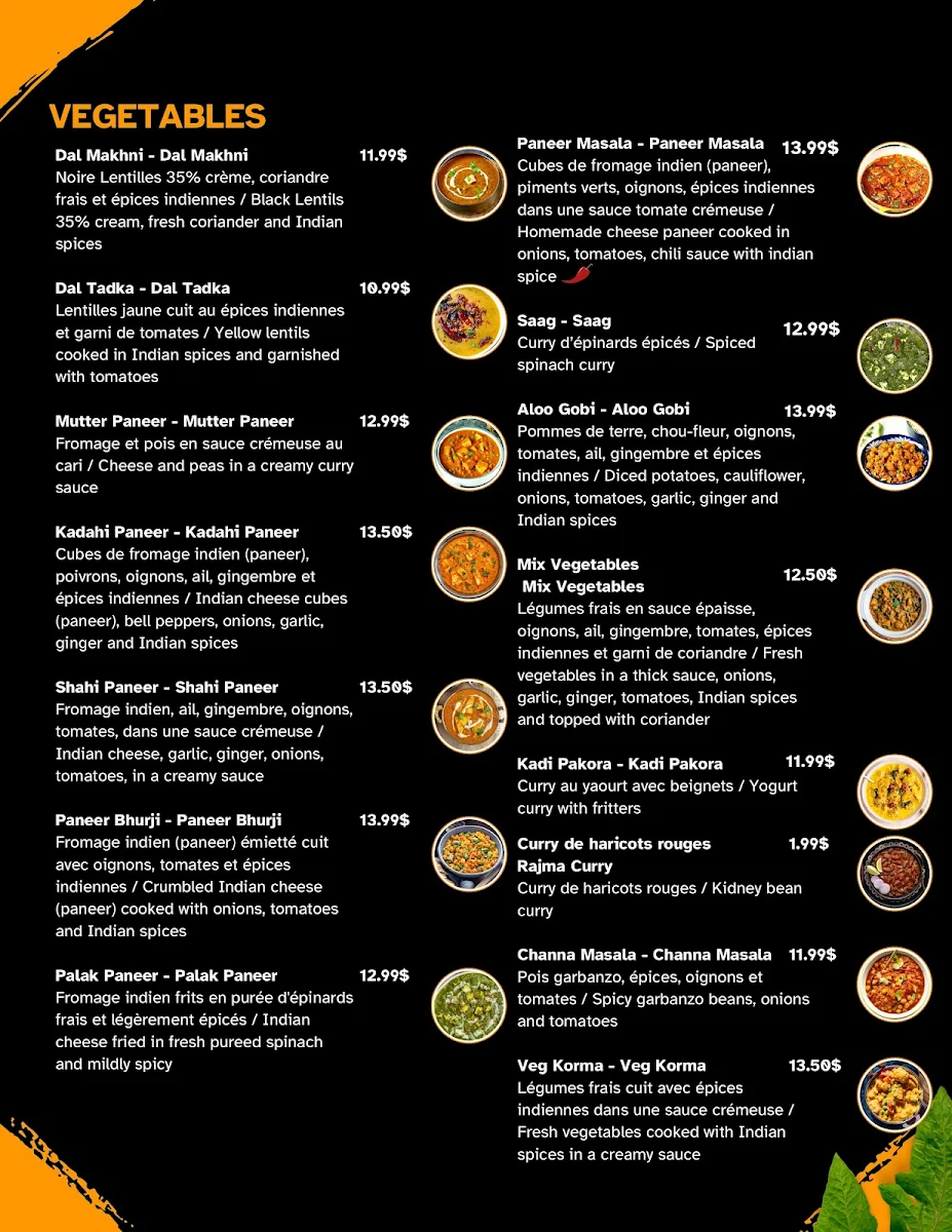Menu, Meet Cuisine Indienne