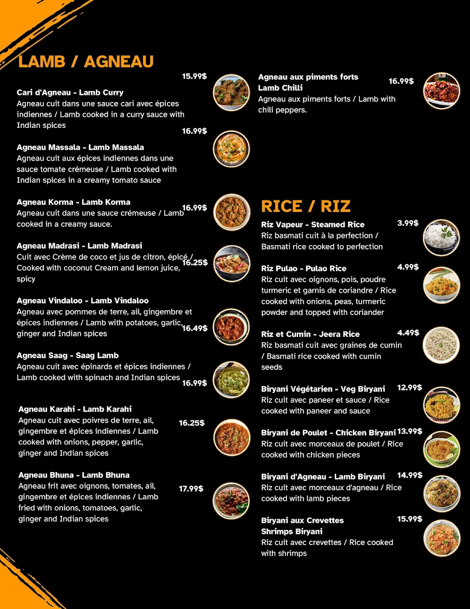 Menu, Meet Cuisine Indienne