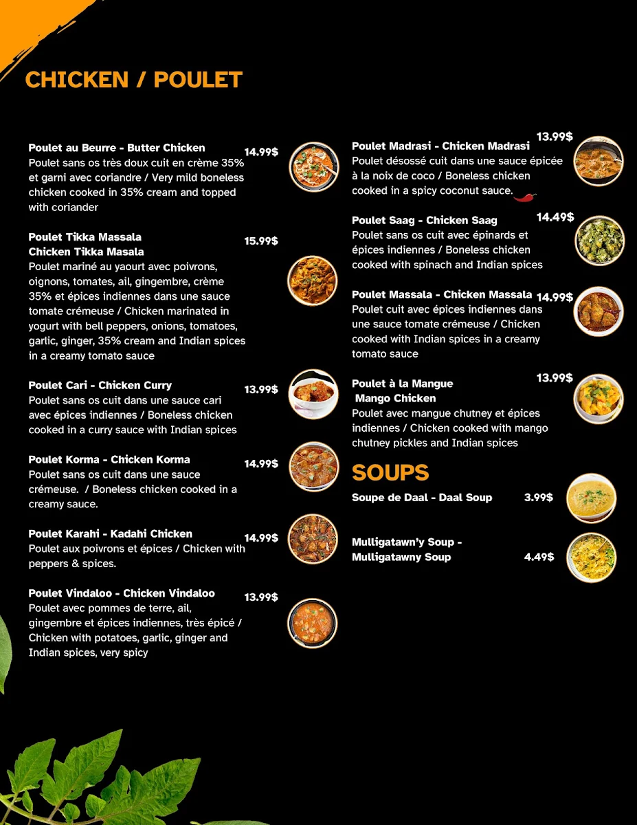 Menu, Meet Cuisine Indienne
