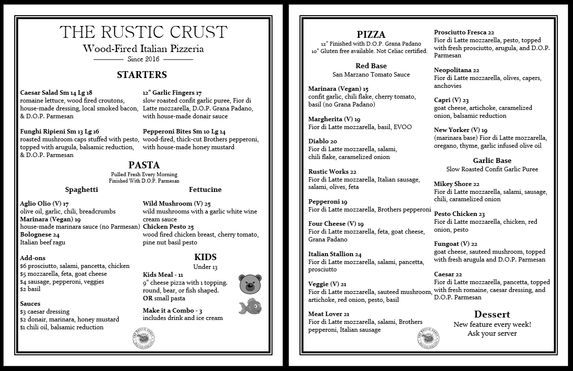 Menu, The Rustic Crust