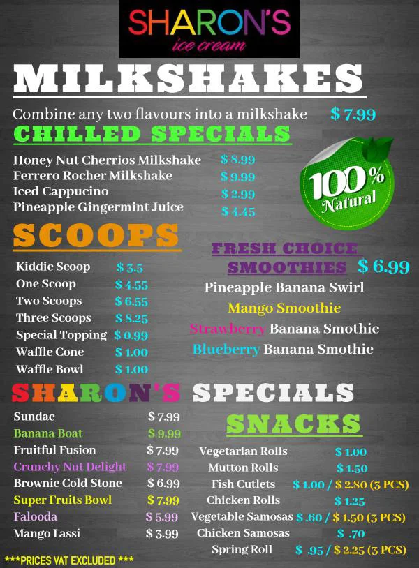 Menu, Sharon's Ice Cream