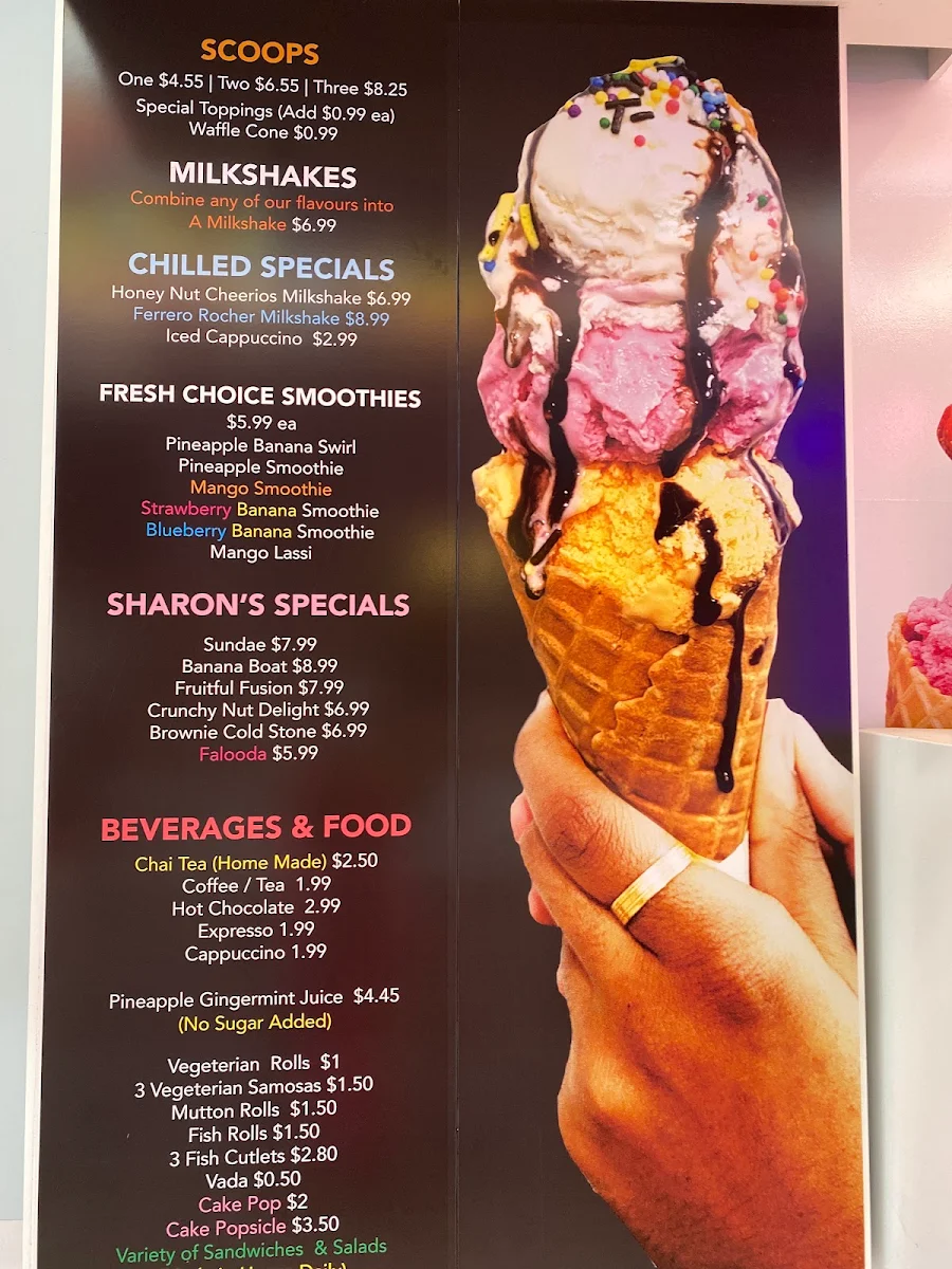 Menu, Sharon's Ice Cream
