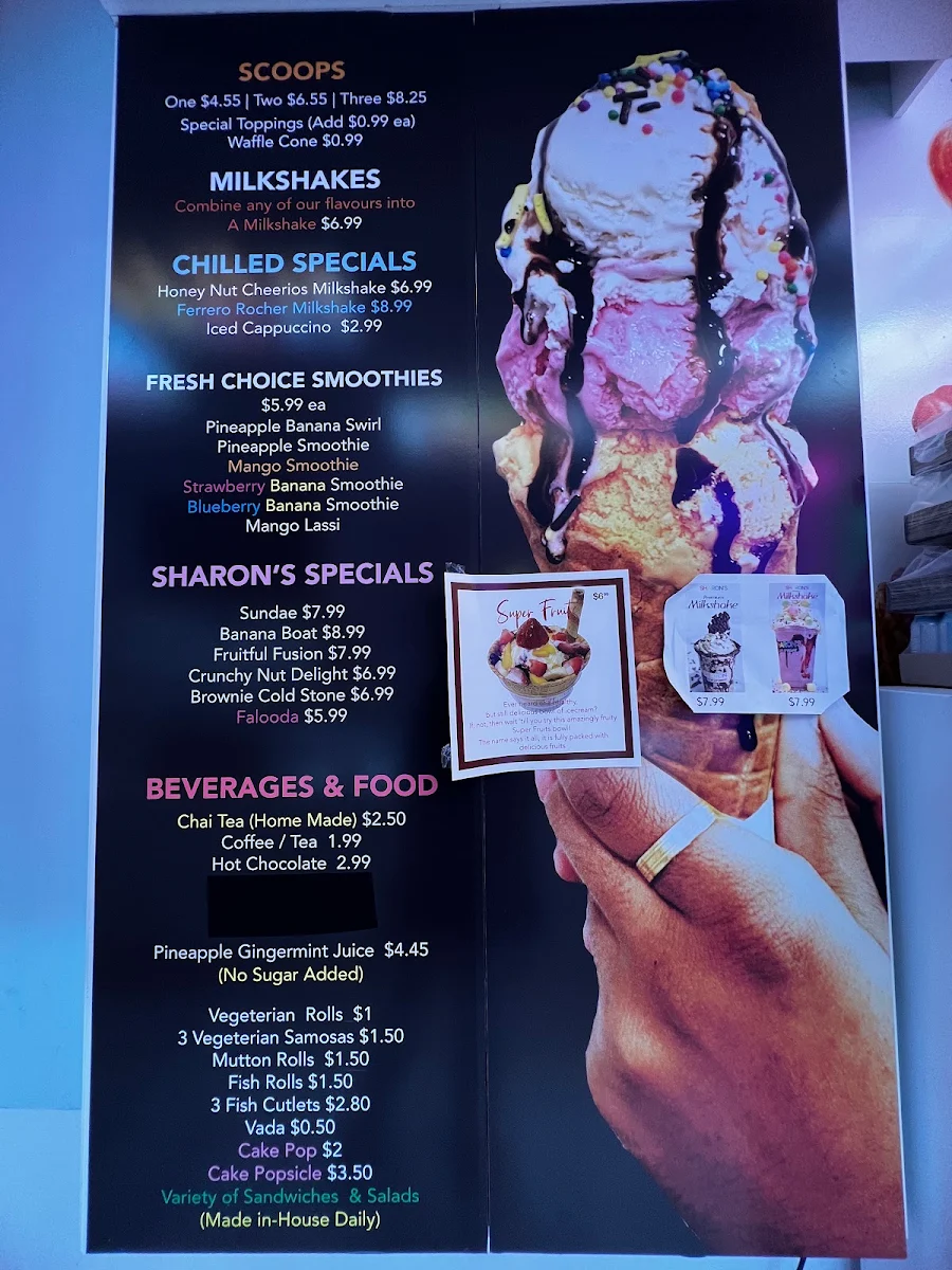 Menu, Sharon's Ice Cream