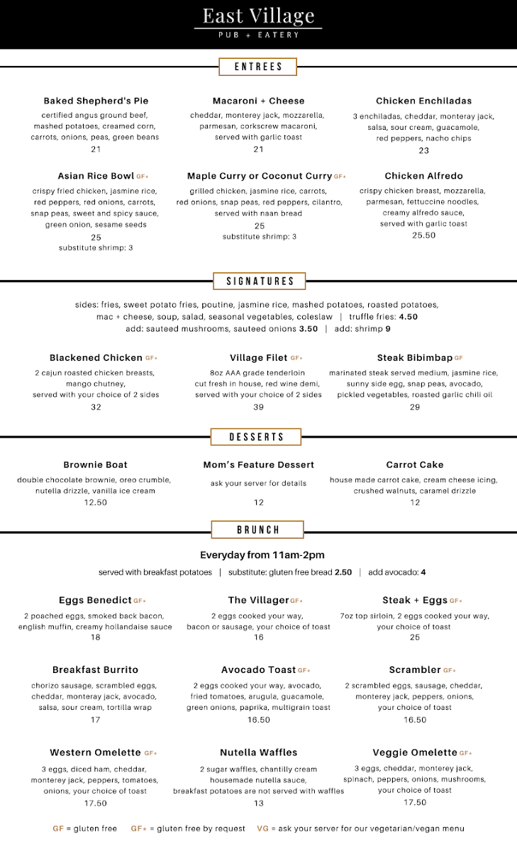 Menu, East Village Pub & Eatery