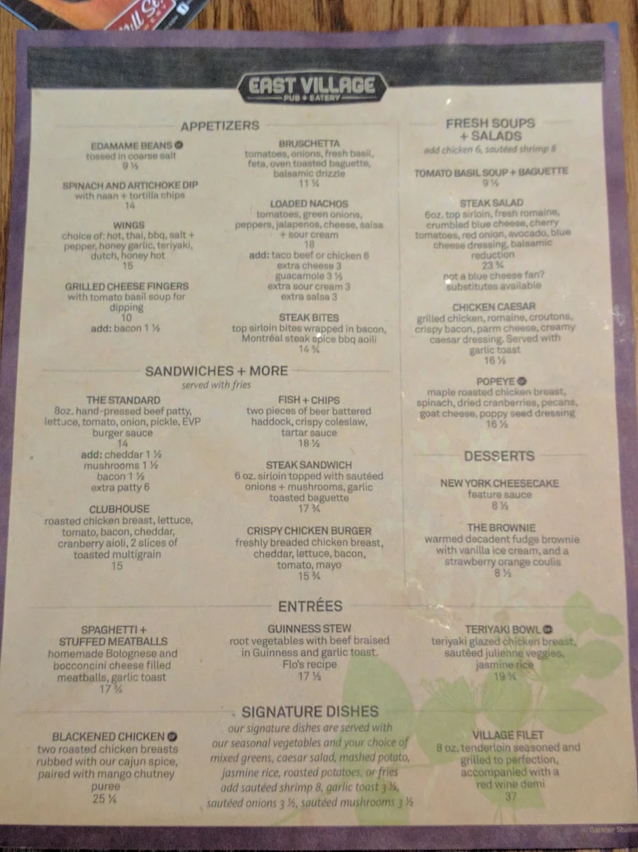Menu, East Village Pub & Eatery