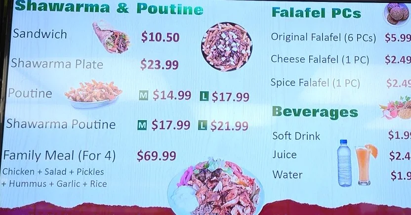 Menu, Ottawa Falafel House