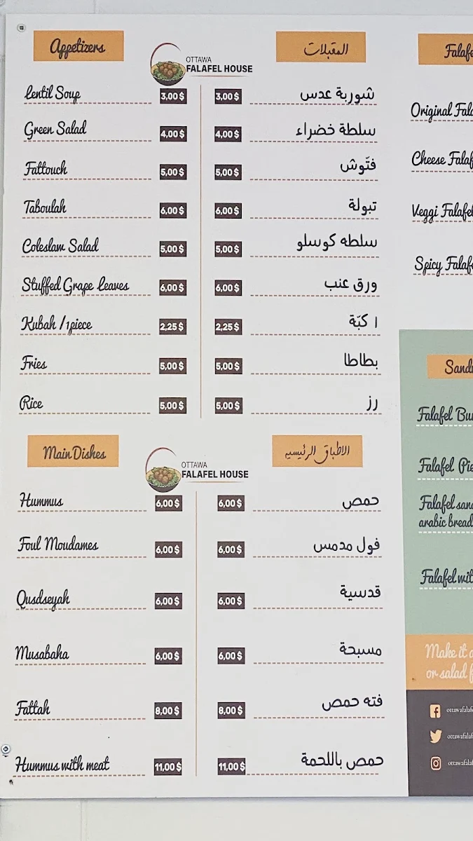 Menu, Ottawa Falafel House