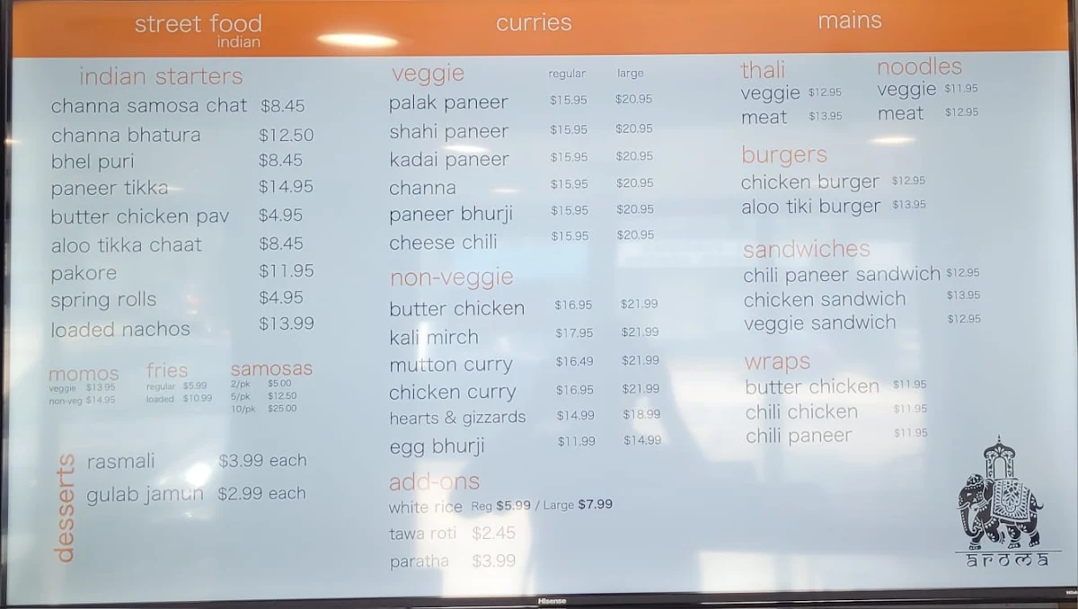 Menu, Aroma Indian Bistro