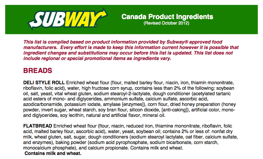 Menu, Subway