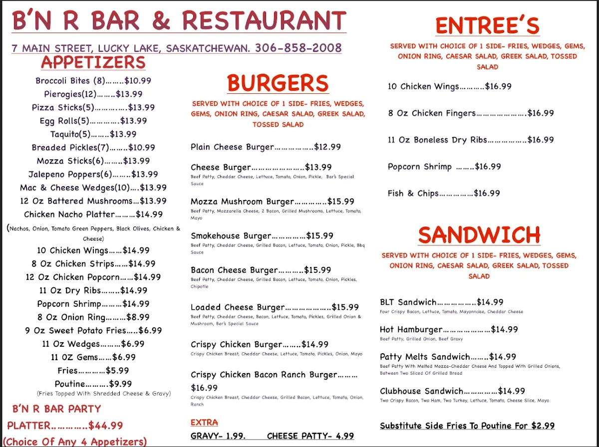 Menu, B N R Bar & Restaurant