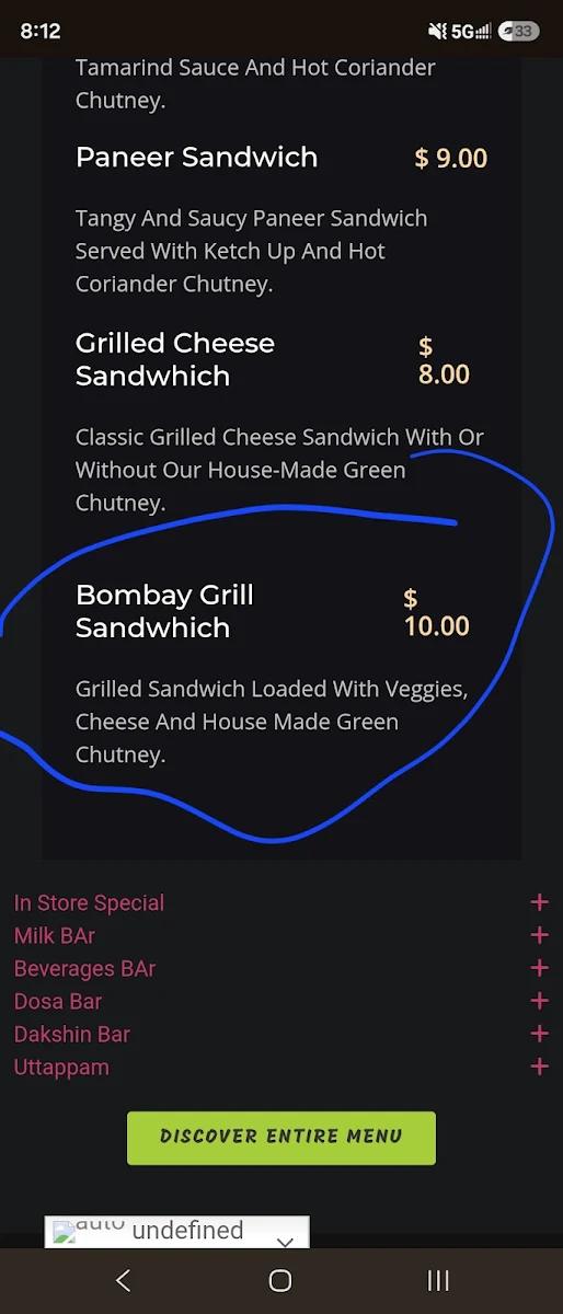 Menu, Royal Paan