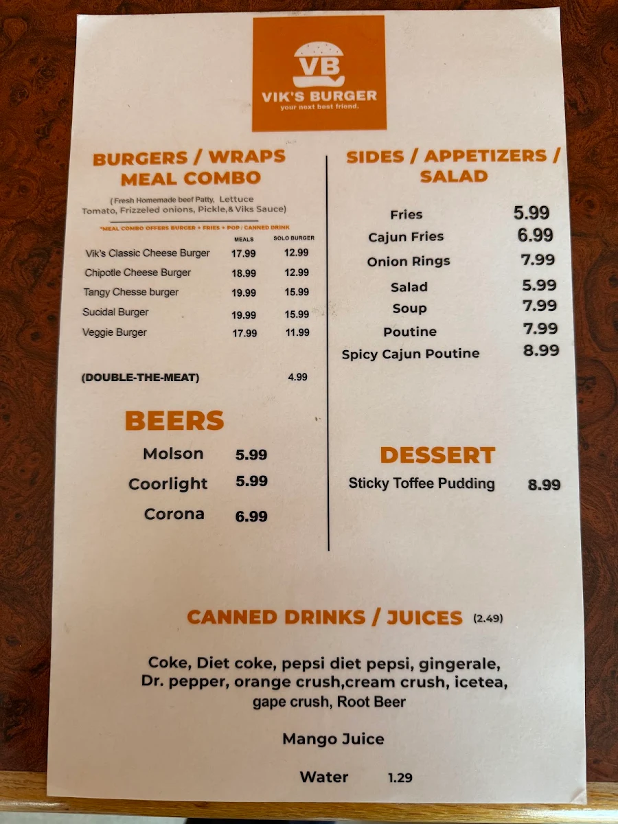 Menu, Vik's Burgers