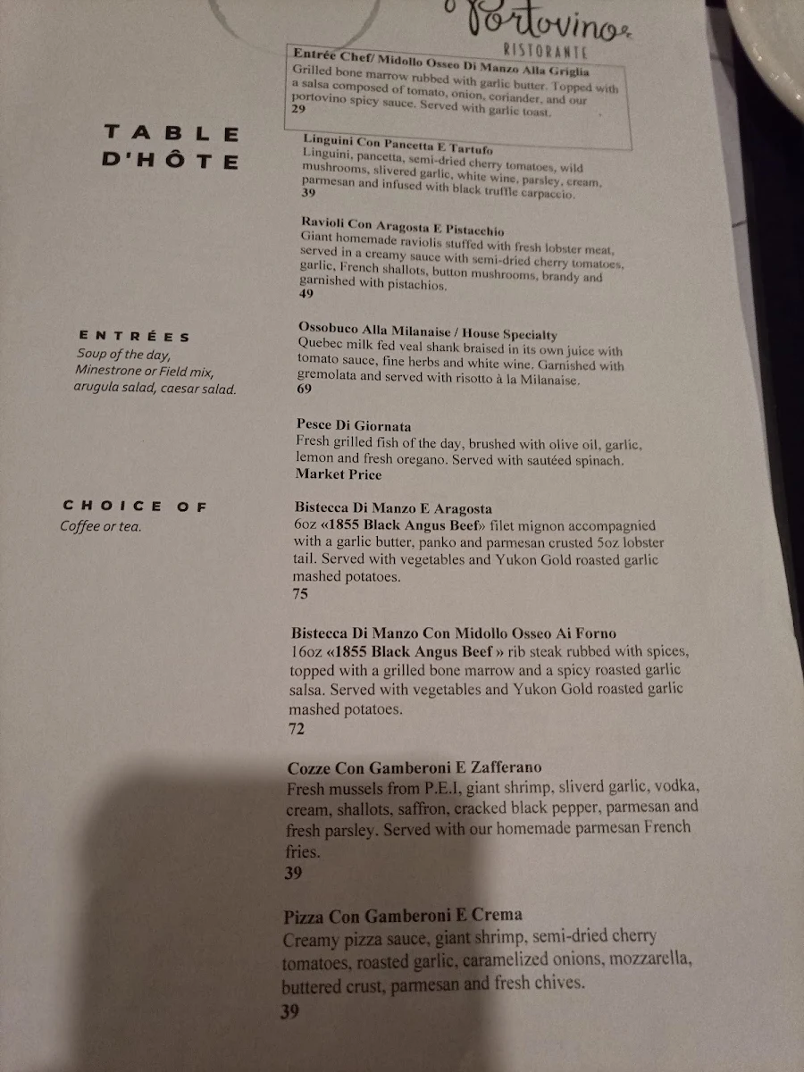 Menu, Portovino Decarie - Restaurant Italien