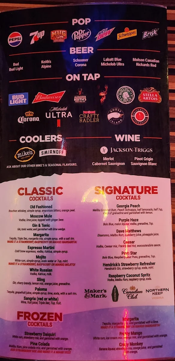 Menu, Sports Rock Dieppe