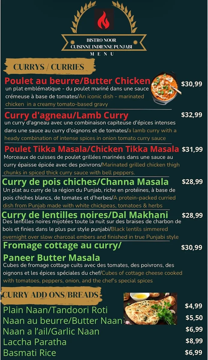 Menu, Noor Bistro Indian Punjabi Cuisine