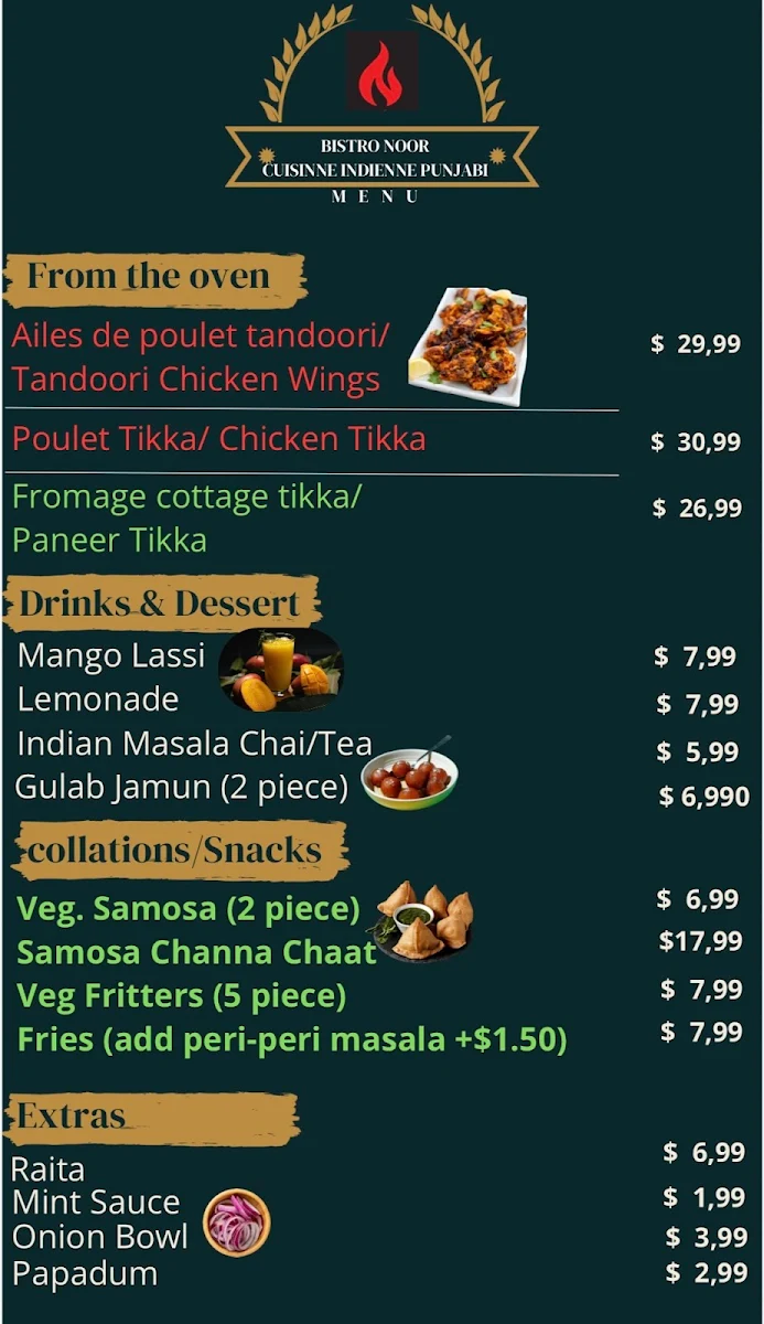 Menu, Noor Bistro Indian Punjabi Cuisine
