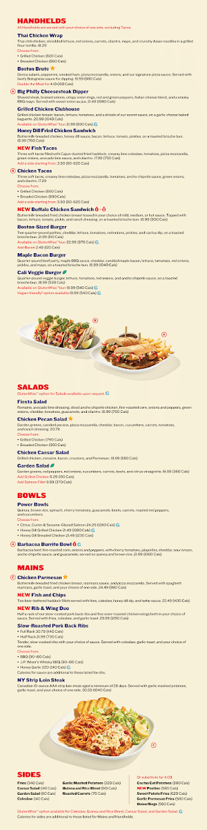 Menu, Boston Pizza