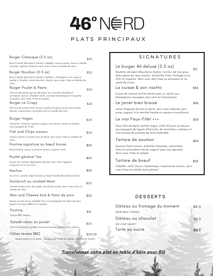 Menu, Brasserie 46° Nord