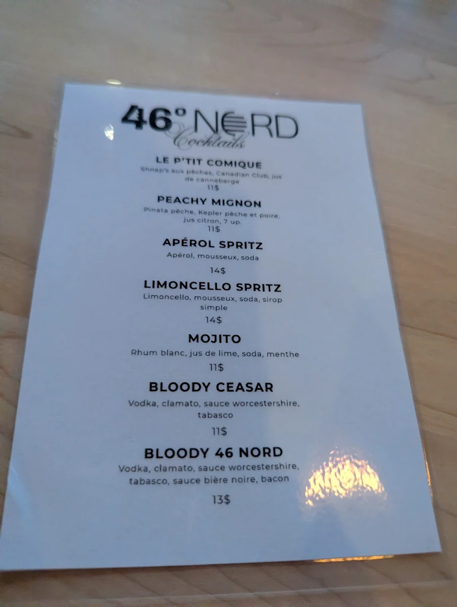 Menu, Brasserie 46° Nord