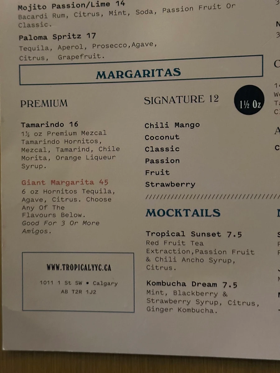 Menu, TROPICAL DOWNTOWN