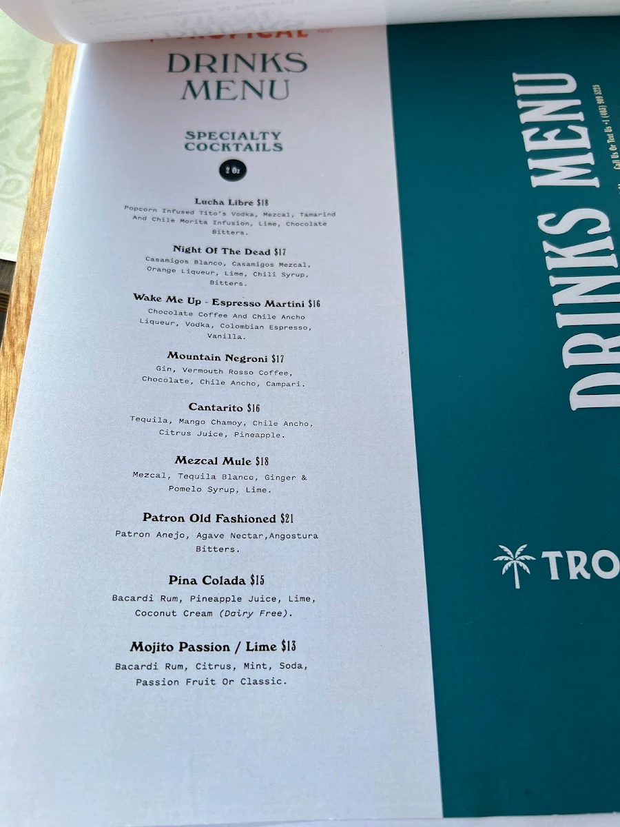 Menu, TROPICAL DOWNTOWN