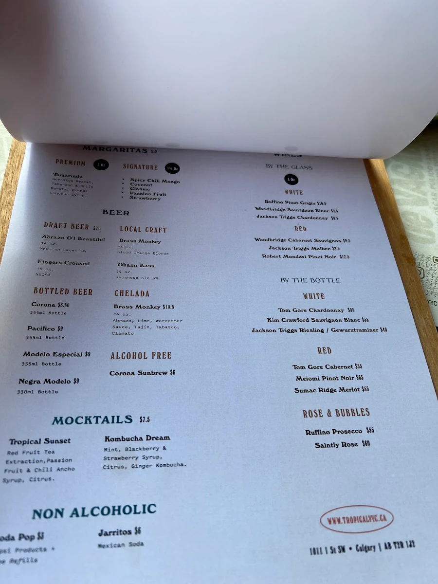 Menu, TROPICAL DOWNTOWN