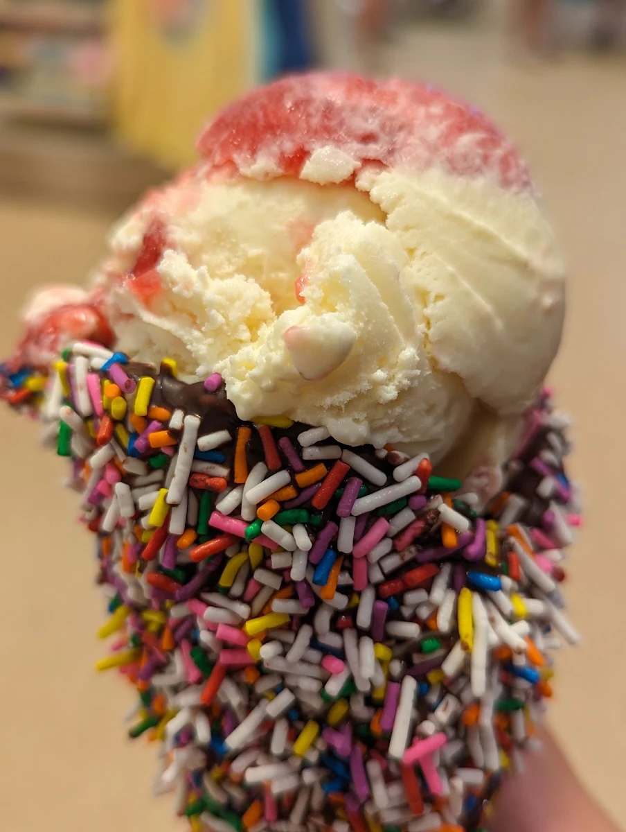 Raspberry White Chocolate Ice Cream in a Sprinkle Dip Waffle Cone