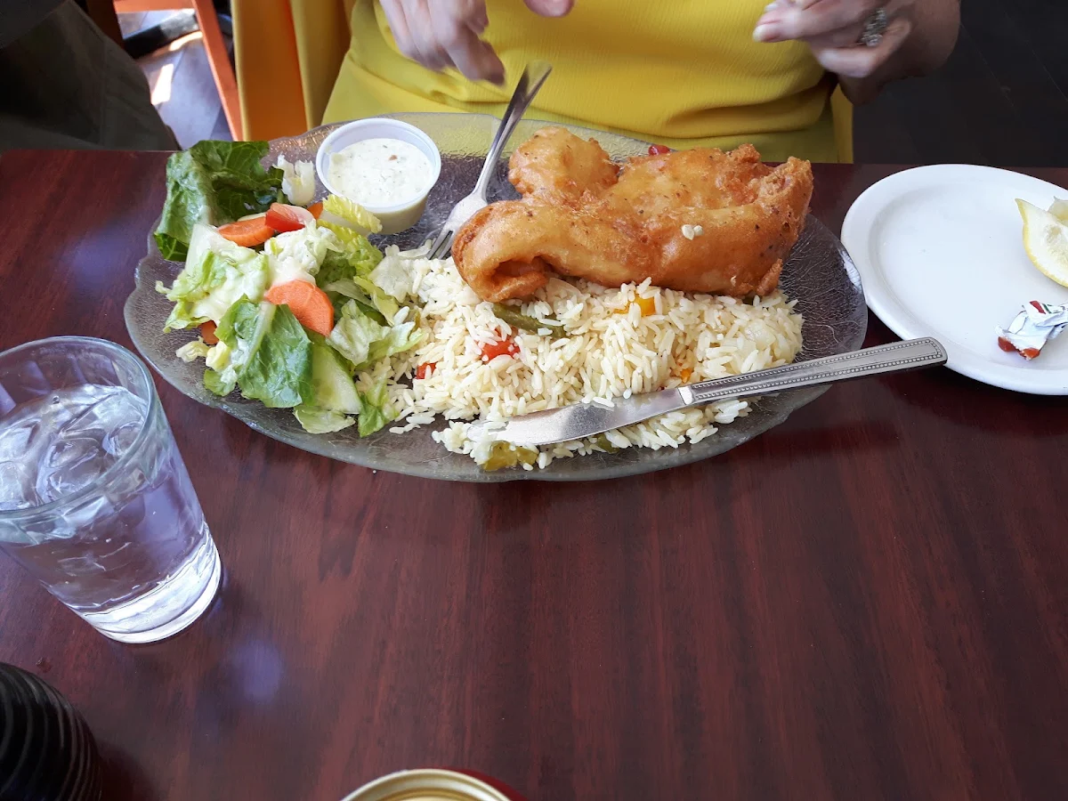 Fish and Chips Rice and Salad