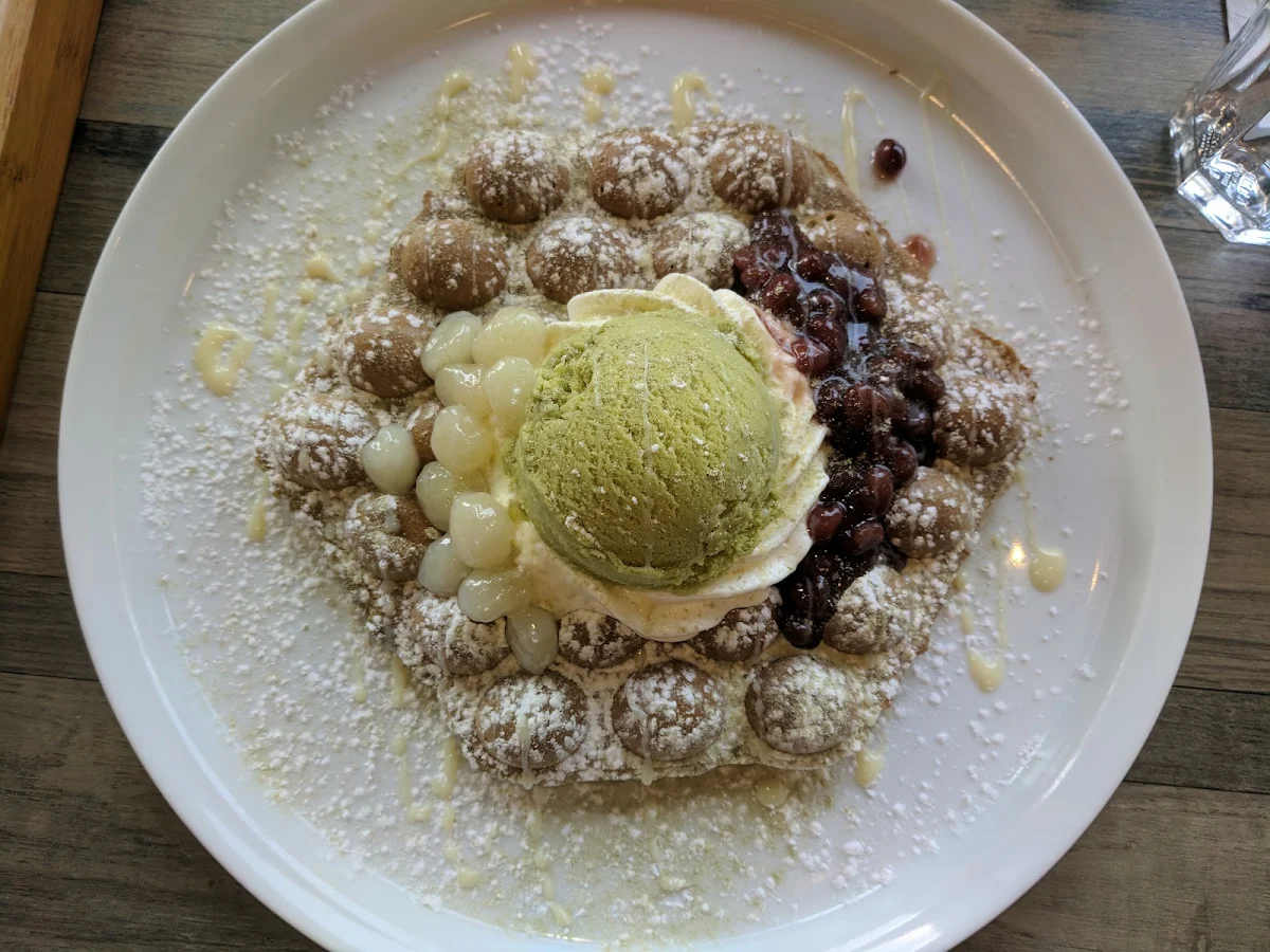 Bubble Waffle with Matcha Ice Cream and Red Bean